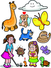 Various children's figurines of girls and animals