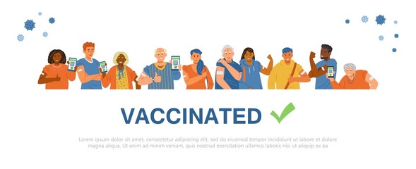 Multiracial people vaccinated flat vector banner. Young and senior men and women showing hands with patches after getting vaccine shot, holding smartphones with vaccination certificates.