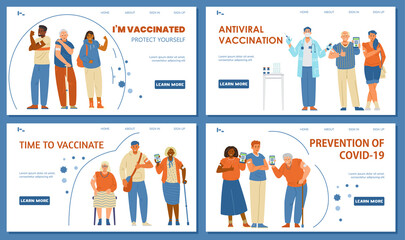 Vaccination against coronavirus vector set of landing page templates. Happy senior and young men and women showing hands with patches or holding phones with vaccination certificate.