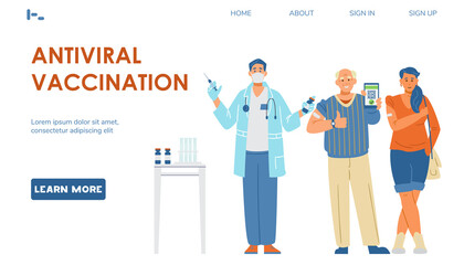 Vaccination against coronavirus vector landing page template. Happy senior man and young woman showing hands with patches.
