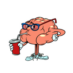 drinks a cold drink cola human brain character, smart wise