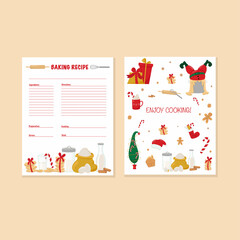 Recipe card with Christmas illustration - sweets, Grinch tree and gift boxes. Vector stock illustration isolated on background for template design cook book. You can print file - USA letter. 