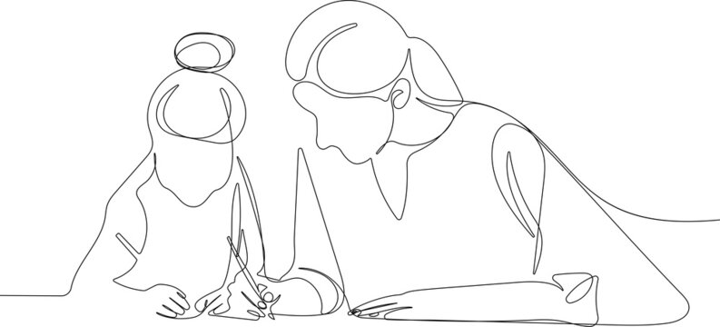 Continuous one line drawing of loving young mother and daughter drawing painting in album or learn to write in notebooks or in writing. Vector illustration