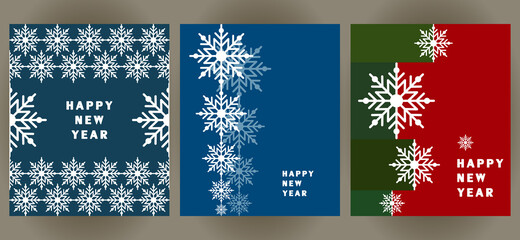 Set of Greeting cards, holiday banner, web poster. Happy New Year. Christmas background with white geometric snowflakes on a dark blue background. 