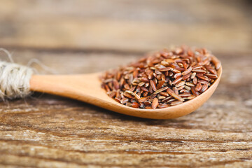 Raw red unpolished rice in spoon. Rubin grains closeup. Bhutanese. Uncooked organic brown rice for traditional Asian cuisine. Popular agriculture cereal. Healthy eating and dietary. Soft focus