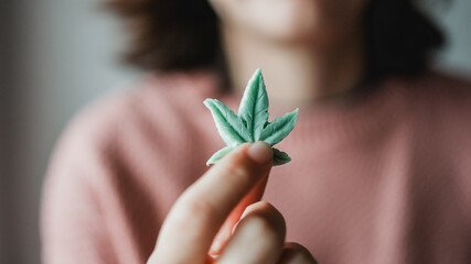 Cbd candy - Woman holding edible cannabis leaf for anxiety treatment - Marijuana alternative...