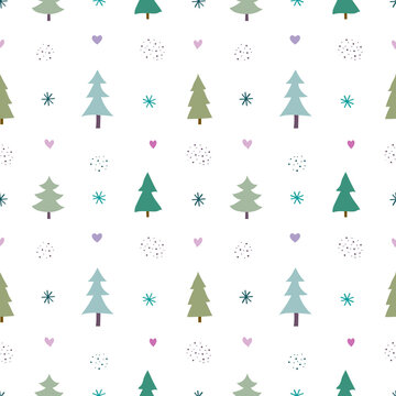 Merry Christmas. Seamless pattern of Christmas trees in different shapes and designs. Festive background in the Scandinavian style. New Year  fabric, cover.