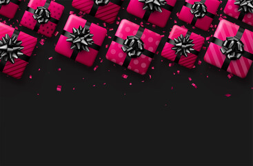 Pink polka dot and striped gift boxes with black bows and confetti.