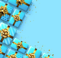 Blue gift boxes with golden bows.