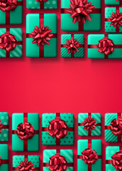 Green gift boxes with red bows frame.
