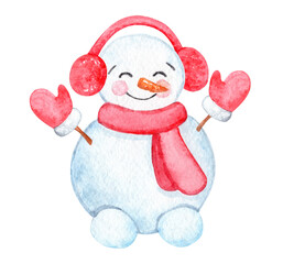 Watercolor cute snowman in red earmuffs and mittens isolated on white