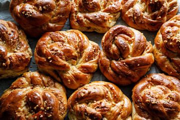Homemade cinnamon buns, close up.   Traditional Swedish baking Kanelbular