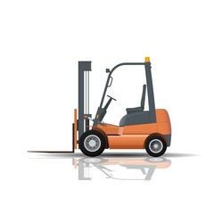 New industrial forklift truck with reflection from the floor isolated on white background. Storage equipment. Flat vector illustration.