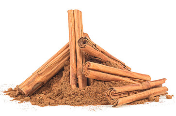 Ceylon cinnamon sticks and cinnamon powder isolated on a white background