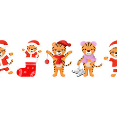 Christmas seamless border with little tiger. Cute Christmas and New Year background.