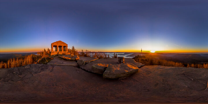 Panorama sph&eacute;rique &agrave; 360 degr&eacute;s Temple du Donon au coucher du soleil Alsace Vosges France