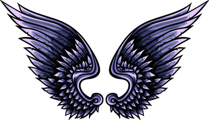 Indigo angelic vector wings with black outline, shadows and lights. Creative heraldic illustration.