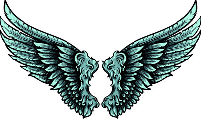 Angelic wings pair vector illustration. Hand drawn feathers with shadows and lights.