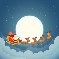 Santa Claus sleigh - silhouette on moon - Christmas background
