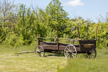 Fototapeta na wymiar An old horse-drawn carriage with wooden wheels stands in a meadow in summer