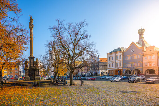 LITOMERICE, CZECH REPUBLIC - OCTOBER 28, 2021: Peace Square, Czech: Mirove namesti, in Litomerice on sunny autumn day. Czech Republic