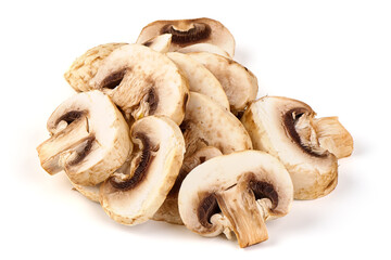 Sliced champignons, isolated on white background.