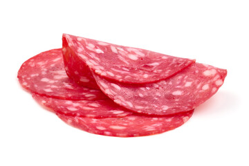 Traditional salami slices, Isolated on white background.