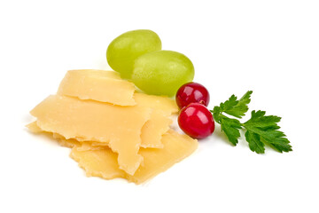 Pieces of parmesan cheese, close-up, isolated on white background.