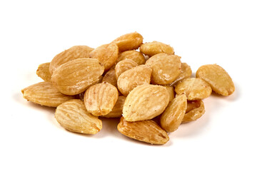 Salted almond nuts, isolated on white background.