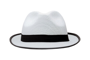 Simple classic black and white fedora hat, object isolated on white, front view cut out. Fancy clothing, stylish fashion accessory design element. Party wear props and accessories, summer clothes - obrazy, fototapety, plakaty