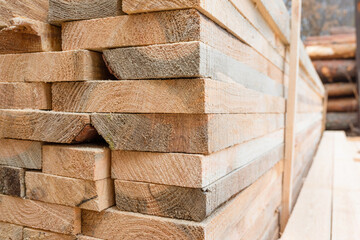 Fresh cut pine logs at a sawmill close-up. Timber processing at the sawmill.