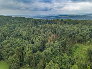 Fototapeta premium Aerial view of countryside forest in Switzerland with cloudy sky