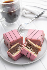 Sweet cake. Pink tasty dessert.