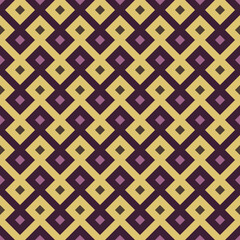 Seamless yellow and purple abstract background. Square geometric pattern. The zigzag lines cross alternately. Texture design for textile, tile, cover, poster, backdrop, wall. Vector illustration.