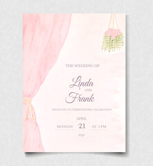 Pink watercolor wedding invitation card template. Nature background with flower and curtain. Wedding invite. Vector illustration design