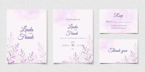 Purple floral watercolor wedding invitation card template. Nature background with flower leaves. Wedding invite set. Vector illustration design