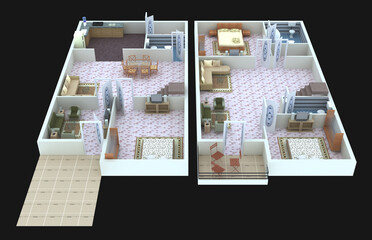 A 3D rendering illustration of a plan and layout of modern houses