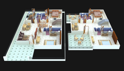 3D rendering of house interior of Section plan of apartment ground and first floor.