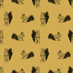 Vector Beige Squirrels Ink seamless background pattern