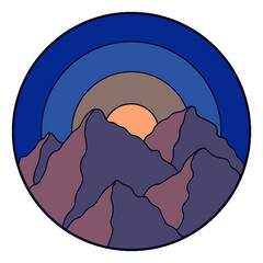 Vector illustration of mountain. Colorful hand drawn outline icon in circle frame. For print, web, design, decor, logo.