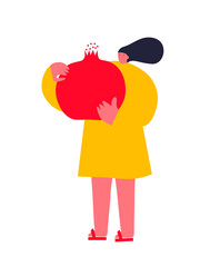 Vector illustration with young woman holding huge fruit Pomegranate. Fruit lover concept. Funny colored typography poster, apparel print design, bar menu decoration. Isolated. EPS 10. 