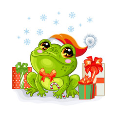 Cute Christmas frog with gifts vector illustration