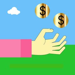 charity donation illustration, hand gets some money falling from above sky