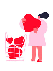 Woman holding big heart. Valenine day. Concept of love. Characters of people holding heart. Love and relationship. Flat design, cartoon vector illustration. Isolated. EPS 10. 