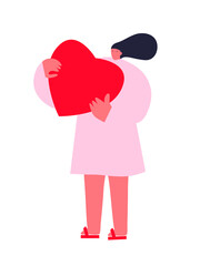 Woman holding big heart. Valenine day. Concept of love. Characters of people holding heart. Love and relationship. Flat design, cartoon vector illustration. Isolated. EPS 10. 