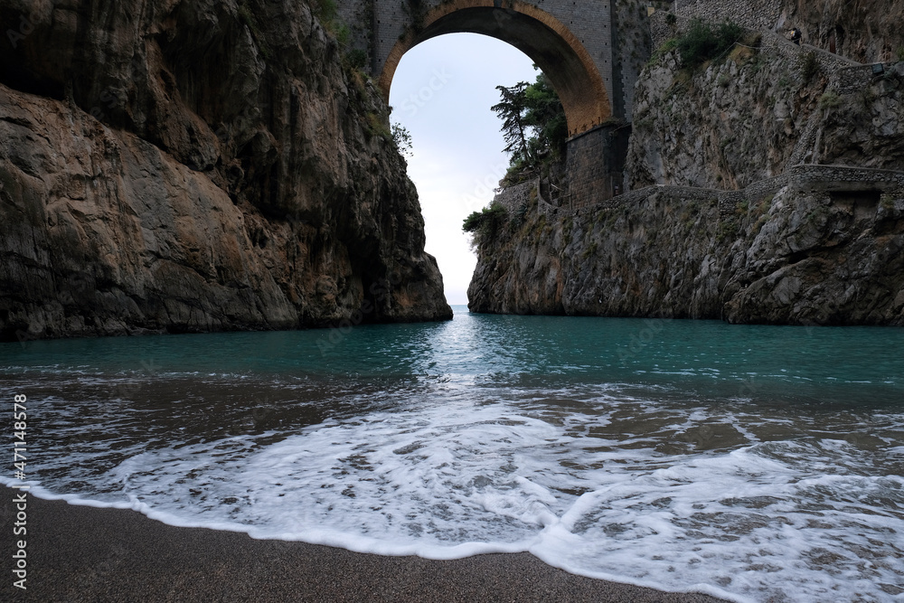 Poster Fiordo di Furore Bridge and mediterranean sea(Fjord of Furore) ,  an unusual beautiful hidden place in the province of Salerno in  Campania region of south-western Italy