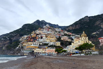 Fototapeta na wymiar View of Positano resort seen from the beach, Amalfi Coast, Province of Salerno, Campania, Italy
