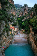 Fiordo di Furore Beach (Fjord of Furore) seen from the bridge, an unusual beautiful hidden place in the province of Salerno in the Campania region of south-western Italy.