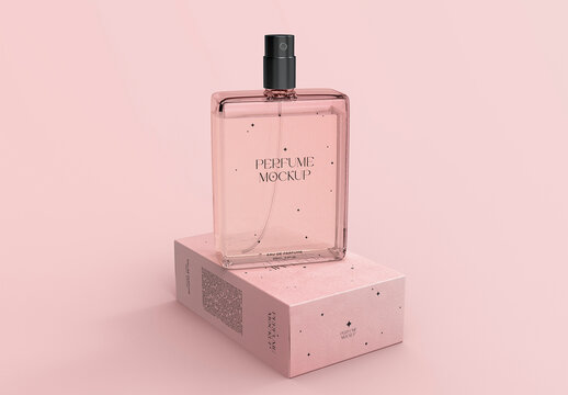 3D Perfume Glass Bottle and Packaging Mockup