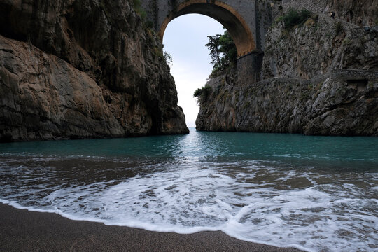 Fiordo di Furore Bridge and mediterranean sea(Fjord of Furore) ,  an unusual beautiful hidden place in the province of Salerno in  Campania region of south-western Italy